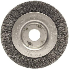 Weiler - 3" OD, 1/2" Arbor Hole, Crimped Steel Wheel Brush - 7/16" Face Width, 1/2" Trim Length, 0.014" Filament Diam, 12,500 RPM - Eagle Tool & Supply