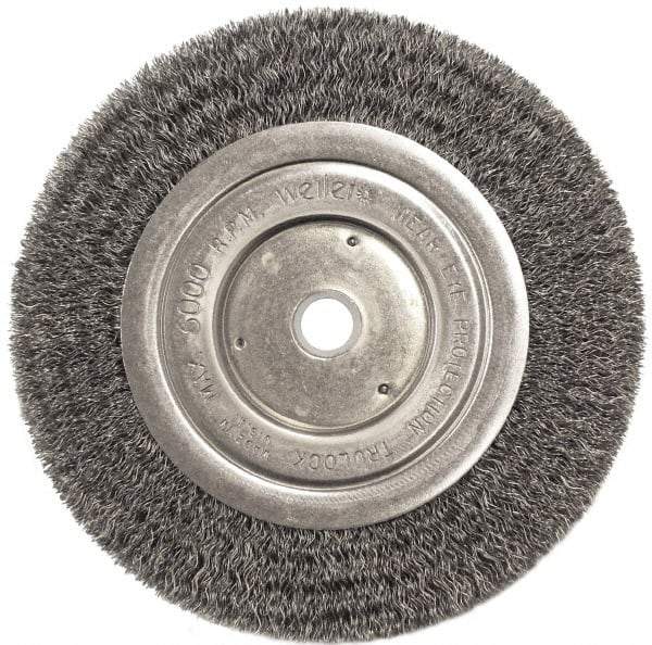 Weiler - 6" OD, 5/8" Arbor Hole, Crimped Steel Wheel Brush - 1/2" Face Width, 1-1/16" Trim Length, 0.0118" Filament Diam, 6,000 RPM - Eagle Tool & Supply