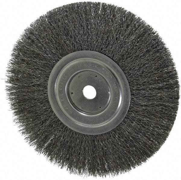 Weiler - 8" OD, 5/8" Arbor Hole, Crimped Steel Wheel Brush - 1/2" Face Width, 2-1/16" Trim Length, 0.0118" Filament Diam, 6,000 RPM - Eagle Tool & Supply