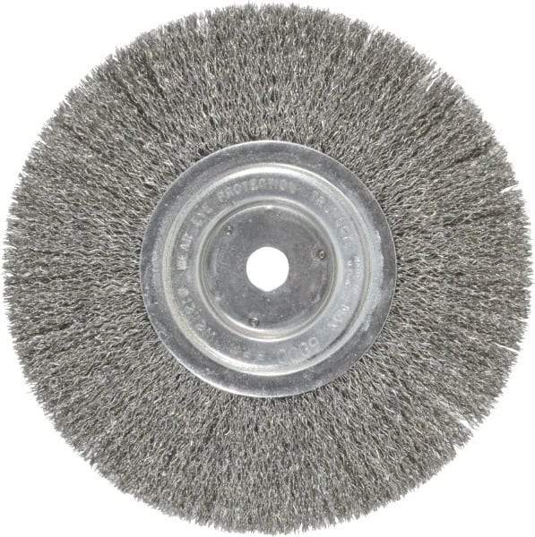 Weiler - 8" OD, 5/8" Arbor Hole, Crimped Steel Wheel Brush - 1/2" Face Width, 2-1/16" Trim Length, 0.014" Filament Diam, 6,000 RPM - Eagle Tool & Supply