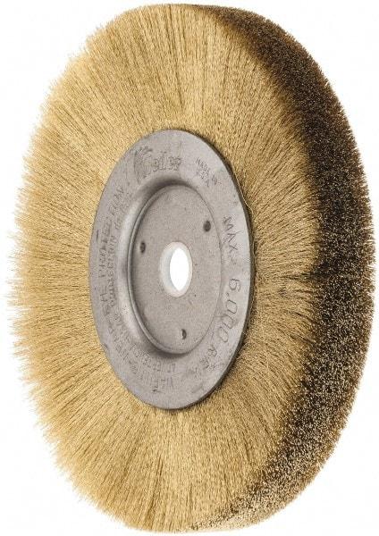 Weiler - 6" OD, 5/8" Arbor Hole, Crimped Brass Wheel Brush - 1/2" Face Width, 1-1/16" Trim Length, 0.005" Filament Diam, 6,000 RPM - Eagle Tool & Supply