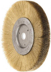 Weiler - 6" OD, 5/8" Arbor Hole, Crimped Brass Wheel Brush - 1/2" Face Width, 1-1/16" Trim Length, 0.005" Filament Diam, 6,000 RPM - Eagle Tool & Supply