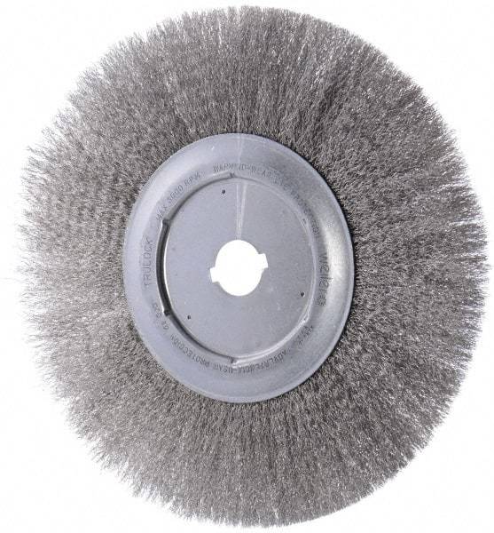 Weiler - 12" OD, 1-1/4" Arbor Hole, Crimped Stainless Steel Wheel Brush - 3/4" Face Width, 2-15/16" Trim Length, 0.0104" Filament Diam, 3,000 RPM - Eagle Tool & Supply