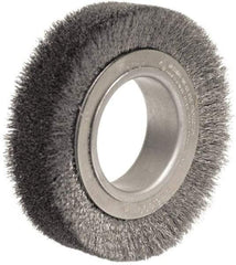 Weiler - 4-1/2" OD, 2" Arbor Hole, Crimped Steel Wheel Brush - 1-1/4" Face Width, 3/4" Trim Length, 0.014" Filament Diam, 6,000 RPM - Eagle Tool & Supply