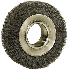 Weiler - 6" OD, 2" Arbor Hole, Crimped Steel Wheel Brush - 1-1/4" Face Width, 1-1/8" Trim Length, 0.006" Filament Diam, 6,000 RPM - Eagle Tool & Supply