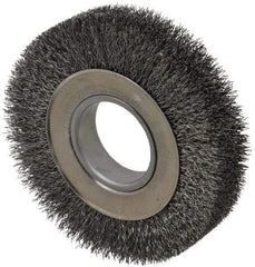 Weiler - 6" OD, 2" Arbor Hole, Crimped Steel Wheel Brush - 1-1/4" Face Width, 1-1/8" Trim Length, 0.014" Filament Diam, 6,000 RPM - Eagle Tool & Supply