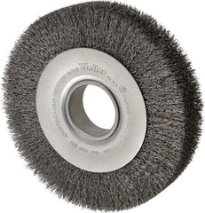 Weiler - 8" OD, 2" Arbor Hole, Crimped Steel Wheel Brush - 1-1/2" Face Width, 1-3/8" Trim Length, 0.014" Filament Diam, 4,500 RPM - Eagle Tool & Supply