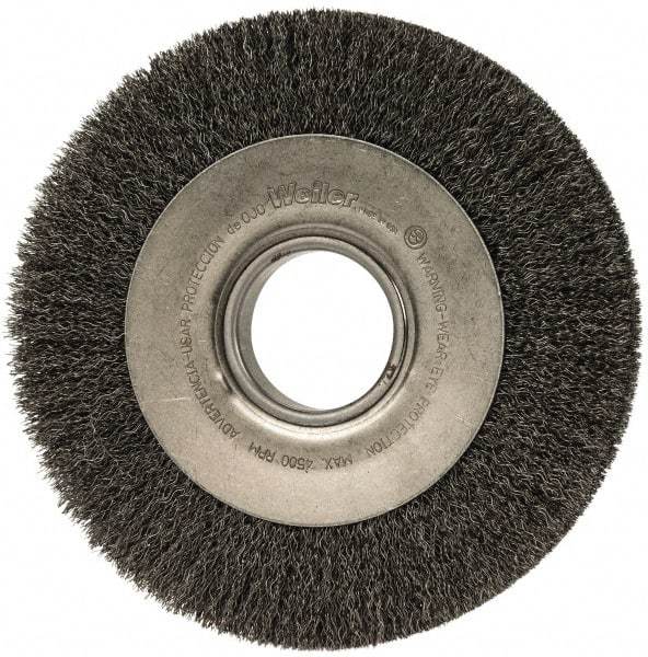Weiler - 8" OD, 2" Arbor Hole, Crimped Steel Wheel Brush - 1" Face Width, 1-3/8" Trim Length, 0.0118" Filament Diam, 4,500 RPM - Eagle Tool & Supply