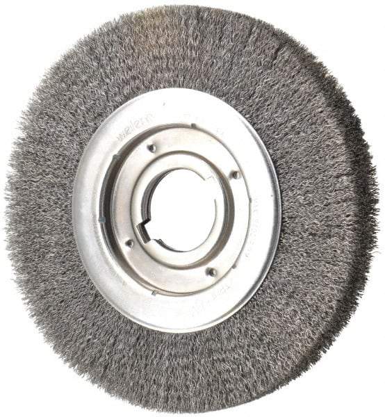 Weiler - 10" OD, 2" Arbor Hole, Crimped Steel Wheel Brush - 1-1/8" Face Width, 2" Trim Length, 0.0118" Filament Diam, 3,600 RPM - Eagle Tool & Supply