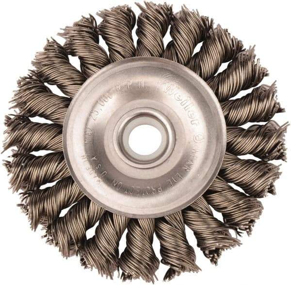 Weiler - 3" OD, 1/2" Arbor Hole, Knotted Steel Wheel Brush - 3/8" Face Width, 5/8" Trim Length, 0.02" Filament Diam, 25,000 RPM - Eagle Tool & Supply