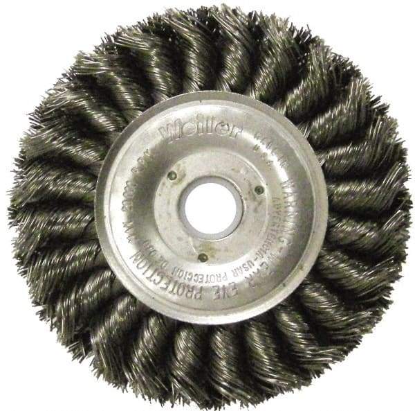 Weiler - 4" OD, 5/8" Arbor Hole, Knotted Steel Wheel Brush - 1/2" Face Width, 7/8" Trim Length, 0.014" Filament Diam, 20,000 RPM - Eagle Tool & Supply