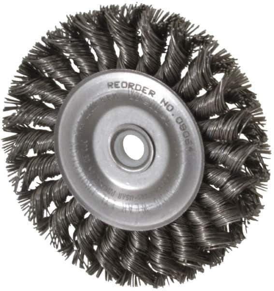 Weiler - 4" OD, 1/2" Arbor Hole, Knotted Steel Wheel Brush - 1/2" Face Width, 7/8" Trim Length, 0.02" Filament Diam, 20,000 RPM - Eagle Tool & Supply