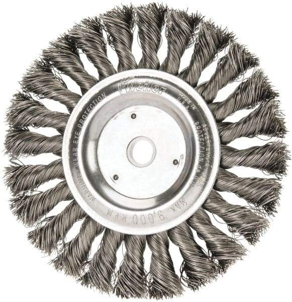 Weiler - 6" OD, 5/8" Arbor Hole, Knotted Steel Wheel Brush - 1/2" Face Width, 1-3/8" Trim Length, 0.016" Filament Diam, 9,000 RPM - Eagle Tool & Supply