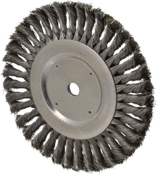 Weiler - 8" OD, 5/8" Arbor Hole, Knotted Steel Wheel Brush - 5/8" Face Width, 1-5/8" Trim Length, 0.016" Filament Diam, 6,000 RPM - Eagle Tool & Supply