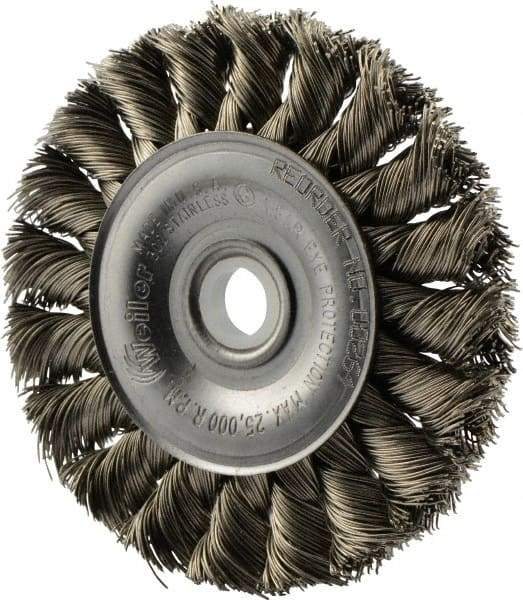 Weiler - 3" OD, 1/2" Arbor Hole, Knotted Stainless Steel Wheel Brush - 3/8" Face Width, 5/8" Trim Length, 0.014" Filament Diam, 25,000 RPM - Eagle Tool & Supply