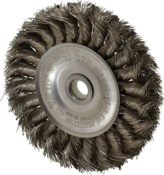 Weiler - 4" OD, 1/2" Arbor Hole, Knotted Stainless Steel Wheel Brush - 1/2" Face Width, 7/8" Trim Length, 0.0118" Filament Diam, 20,000 RPM - Eagle Tool & Supply