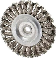 Weiler - 4" OD, 1/2" Arbor Hole, Knotted Stainless Steel Wheel Brush - 1/2" Face Width, 7/8" Trim Length, 0.02" Filament Diam, 20,000 RPM - Eagle Tool & Supply