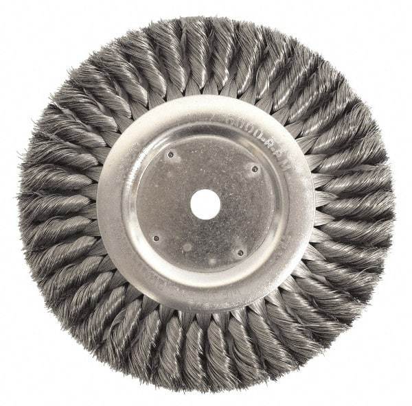 Weiler - 12" OD, 2" Arbor Hole, Knotted Steel Wheel Brush - 1-1/4" Face Width, 2-3/4" Trim Length, 0.023" Filament Diam, 3,600 RPM - Eagle Tool & Supply