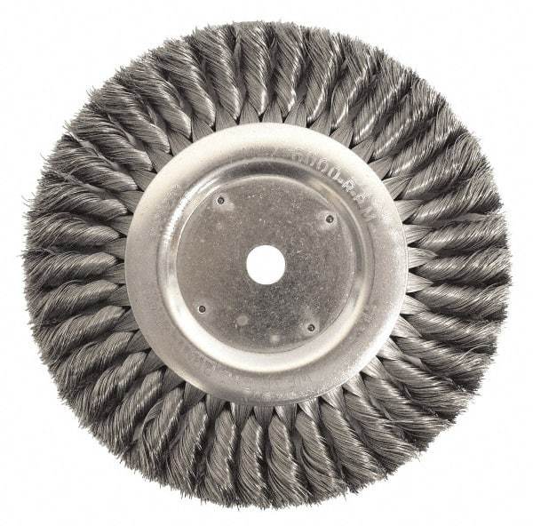 Weiler - 12" OD, 2" Arbor Hole, Knotted Steel Wheel Brush - 1-1/4" Face Width, 2-3/4" Trim Length, 0.016" Filament Diam, 3,600 RPM - Eagle Tool & Supply
