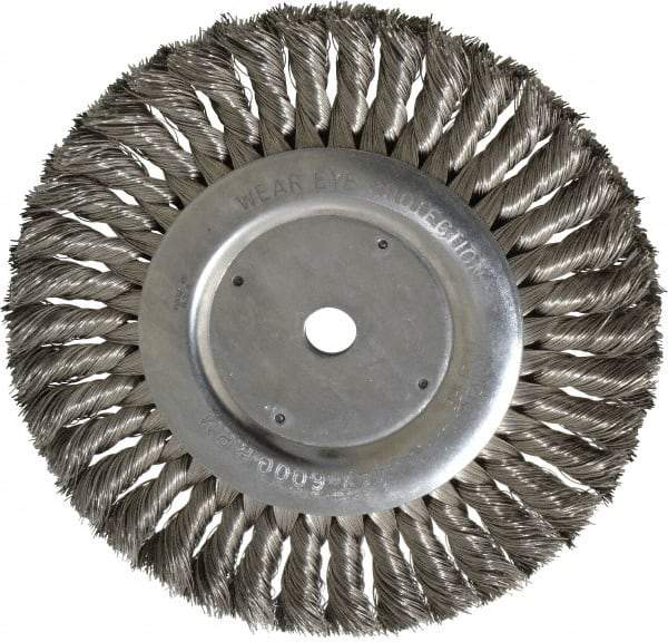 Weiler - 8" OD, 5/8" Arbor Hole, Knotted Stainless Steel Wheel Brush - 5/8" Face Width, 1-5/8" Trim Length, 0.016" Filament Diam, 6,000 RPM - Eagle Tool & Supply