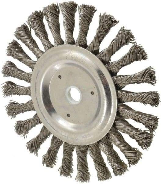 Weiler - 6" OD, 5/8" Arbor Hole, Knotted Steel Wheel Brush - 3/8" Face Width, 1-3/8" Trim Length, 0.023" Filament Diam, 9,000 RPM - Eagle Tool & Supply