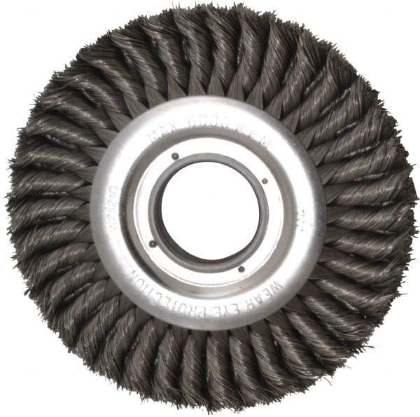 Weiler - 8" OD, 2" Arbor Hole, Knotted Steel Wheel Brush - 1" Face Width, 1-5/8" Trim Length, 0.016" Filament Diam, 6,000 RPM - Eagle Tool & Supply