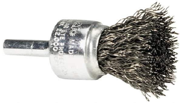 Weiler - 1/2" Brush Diam, Crimped, End Brush - 1/4" Diam Steel Shank, 25,000 Max RPM - Eagle Tool & Supply