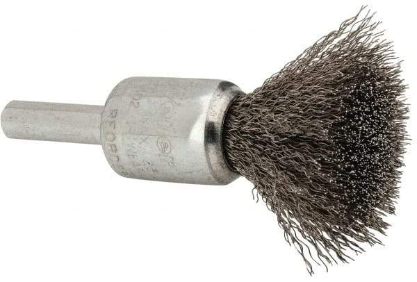 Weiler - 1/2" Brush Diam, Crimped, End Brush - 1/4" Diam Steel Shank, 25,000 Max RPM - Eagle Tool & Supply