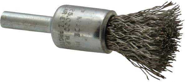 Weiler - 1/2" Brush Diam, Crimped, End Brush - 1/4" Diam Steel Shank, 25,000 Max RPM - Eagle Tool & Supply