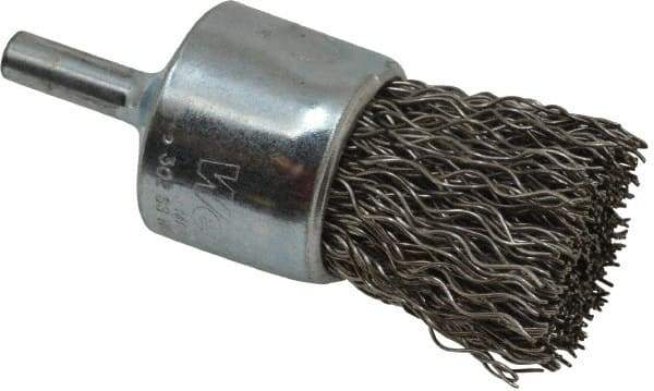 Weiler - 1" Brush Diam, Crimped, End Brush - 1/4" Diam Steel Shank, 22,000 Max RPM - Eagle Tool & Supply