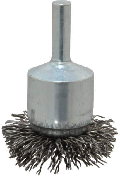 Weiler - 1-1/2" Brush Diam, Crimped, Flared End Brush - 1/4" Diam Shank, 20,000 Max RPM - Eagle Tool & Supply