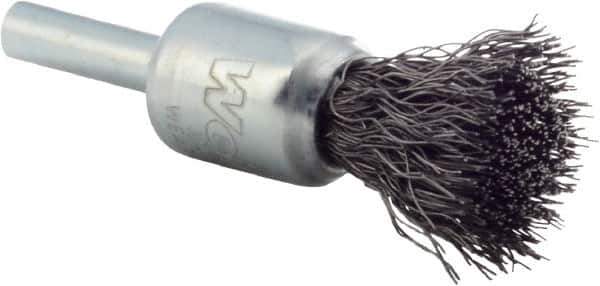 Weiler - 1/2" Brush Diam, Crimped, End Brush - 1/4" Diam Steel Shank, 25,000 Max RPM - Eagle Tool & Supply