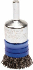 Weiler - 3/4" Brush Diam, Crimped, End Brush - 1/4" Diam Steel Shank, 20,000 Max RPM - Eagle Tool & Supply
