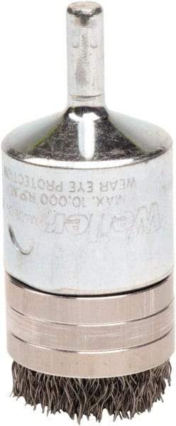 Weiler - 1" Brush Diam, Crimped, End Brush - 1/4" Diam Steel Shank, 10,000 Max RPM - Eagle Tool & Supply