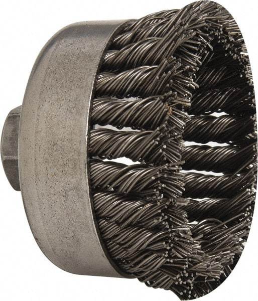 Weiler - 4" Diam, 5/8-11 Threaded Arbor, Steel Fill Cup Brush - 0.035 Wire Diam, 1-1/4" Trim Length, 9,000 Max RPM - Eagle Tool & Supply