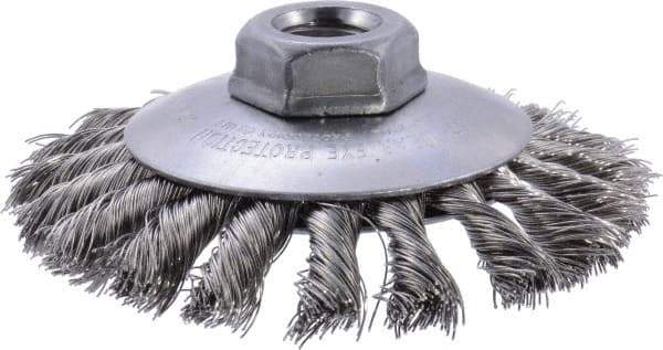 Weiler - 4" OD, 5/8-11 Arbor Hole, Knotted Stainless Steel Wheel Brush - 3/8" Face Width, 3/4" Trim Length, 0.014" Filament Diam, 12,500 RPM - Eagle Tool & Supply