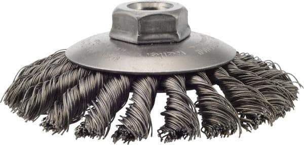 Weiler - 4-1/2" OD, 5/8-11 Arbor Hole, Knotted Steel Wheel Brush - 3/8" Face Width, 1" Trim Length, 0.02" Filament Diam, 12,500 RPM - Eagle Tool & Supply
