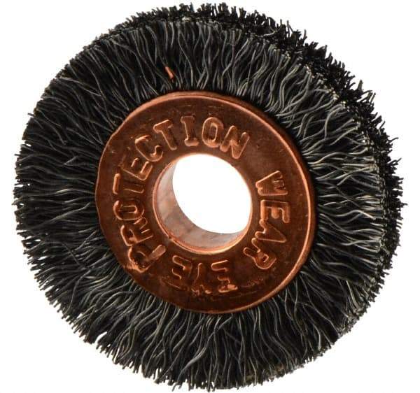 Weiler - 1" OD, 1/4" Arbor Hole, Crimped Steel Wheel Brush - 3/16" Face Width, 1/4" Trim Length, 0.006" Filament Diam, 20,000 RPM - Eagle Tool & Supply