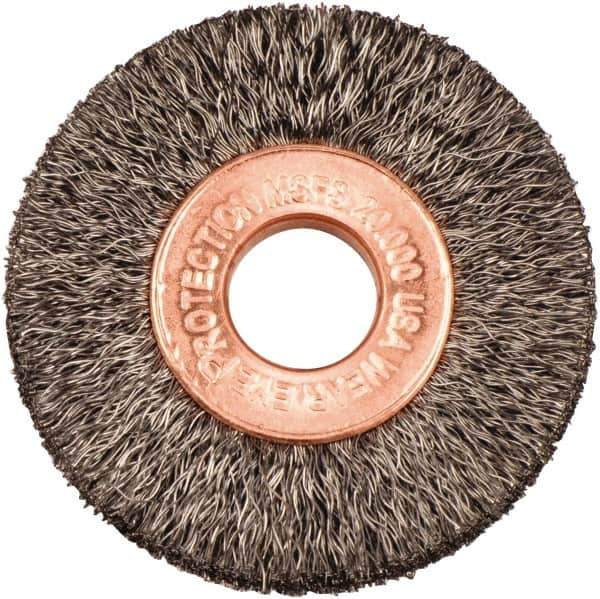Weiler - 1-1/2" OD, 3/8" Arbor Hole, Crimped Steel Wheel Brush - 1/4" Face Width, 7/16" Trim Length, 0.006" Filament Diam, 20,000 RPM - Eagle Tool & Supply