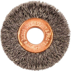 Weiler - 1-1/2" OD, 3/8" Arbor Hole, Crimped Steel Wheel Brush - 1/4" Face Width, 7/16" Trim Length, 0.008" Filament Diam, 20,000 RPM - Eagle Tool & Supply