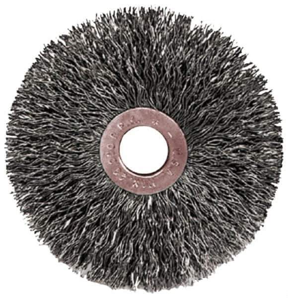 Weiler - 2" OD, 1/2" Arbor Hole, Crimped Steel Wheel Brush - 3/8" Face Width, 1/2" Trim Length, 0.0104" Filament Diam, 20,000 RPM - Eagle Tool & Supply