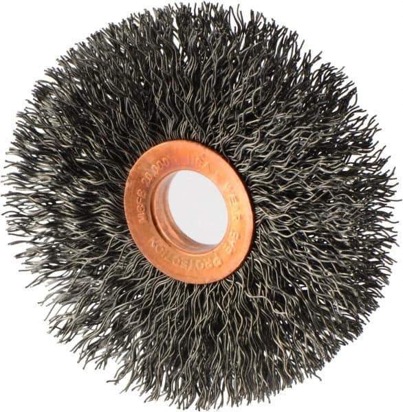 Weiler - 3" OD, 5/8" Arbor Hole, Crimped Steel Wheel Brush - 5/8" Face Width, 15/16" Trim Length, 0.014" Filament Diam, 20,000 RPM - Eagle Tool & Supply