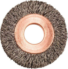 Weiler - 1-1/4" OD, 3/8" Arbor Hole, Crimped Steel Wheel Brush - 1/4" Face Width, 5/16" Trim Length, 0.008" Filament Diam, 20,000 RPM - Eagle Tool & Supply