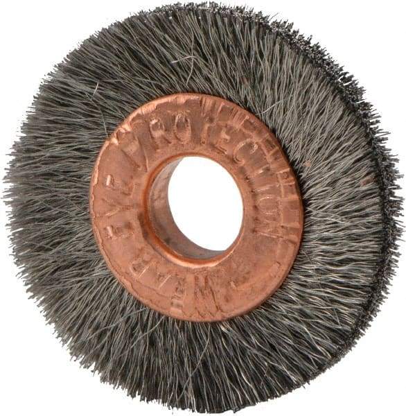 Weiler - 1" OD, 1/4" Arbor Hole, Crimped Stainless Steel Wheel Brush - 3/16" Face Width, 1/4" Trim Length, 0.003" Filament Diam, 20,000 RPM - Eagle Tool & Supply