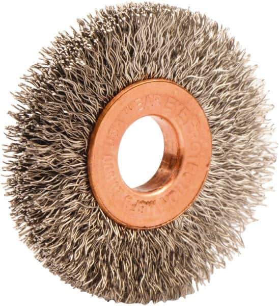 Weiler - 1-1/2" OD, 3/8" Arbor Hole, Crimped Stainless Steel Wheel Brush - 1/4" Face Width, 7/16" Trim Length, 0.008" Filament Diam, 20,000 RPM - Eagle Tool & Supply