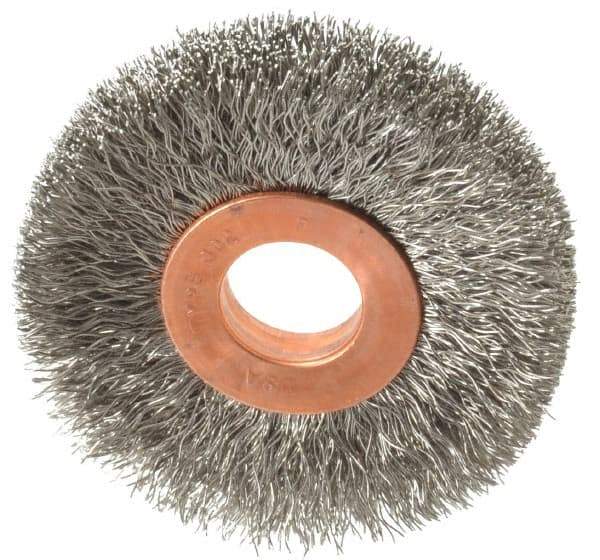 Weiler - 2" OD, 1/2" Arbor Hole, Crimped Stainless Steel Wheel Brush - 3/8" Face Width, 1/2" Trim Length, 0.008" Filament Diam, 20,000 RPM - Eagle Tool & Supply