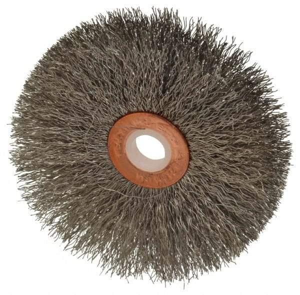 Weiler - 3" OD, 1/2" Arbor Hole, Crimped Stainless Steel Wheel Brush - 5/8" Face Width, 1" Trim Length, 0.008" Filament Diam, 20,000 RPM - Eagle Tool & Supply