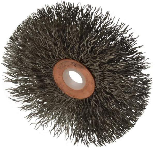 Weiler - 3" OD, 1/2" Arbor Hole, Crimped Stainless Steel Wheel Brush - 5/8" Face Width, 1" Trim Length, 0.014" Filament Diam, 20,000 RPM - Eagle Tool & Supply