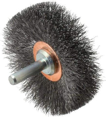 Weiler - 2-1/2" OD, 1/4" Shank Diam, Crimped Steel Wheel Brush - 3/8" Face Width, 3/4" Trim Length, 0.006" Filament Diam, 20,000 RPM - Eagle Tool & Supply