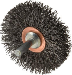 Weiler - 2-1/2" OD, 1/4" Shank Diam, Crimped Steel Wheel Brush - 3/8" Face Width, 3/4" Trim Length, 0.014" Filament Diam, 20,000 RPM - Eagle Tool & Supply